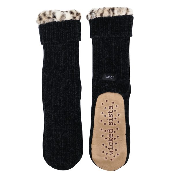 Black chenille with leopard fur slipper socks